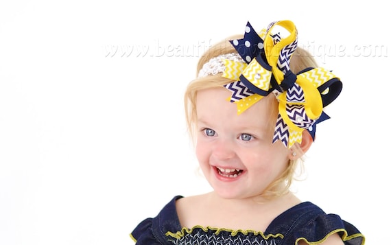 Arc de cheveux jaune et bleu marine Little Girls Team Bow Bandeau  extensible Pince à cheveux