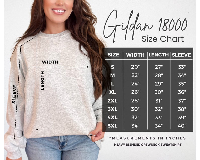 May include: A light gray heavy blended crewneck sweatshirt with a size chart. The chart shows measurements in inches for width, length, and sleeve length, ranging from size small to 5XL.