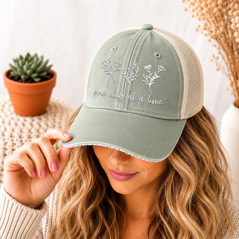 May include: Sage green baseball cap with a beige mesh back. The cap features embroidered floral designs and the phrase "one day at a time" in script. The brim is trimmed with a white dotted pattern.