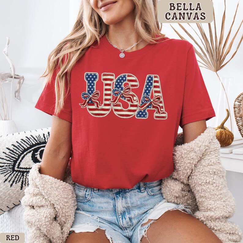 USA Bella Canvas Shirt for Women, Patriotic 4th of July America Graphic Tee, Red White Blue Boutique Independence Day Summer Top Plus Sizes Red