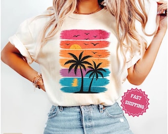 Comfort Colors Summer Shirt retro palm tree beach tee vacation graphic t-shirt tropical sunset shirt boho summer travel tee beach lover gift