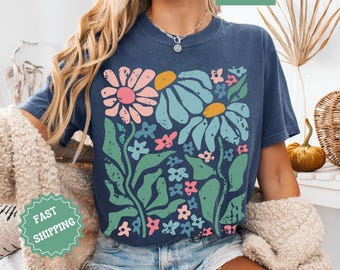 Boho Daisy Flower Tee, Comfort Colors Botanical Tee, Wildflower Shirt, Retro Floral T-Shirt, Plant Shirt, Gardener Shirt, Trendy Gift