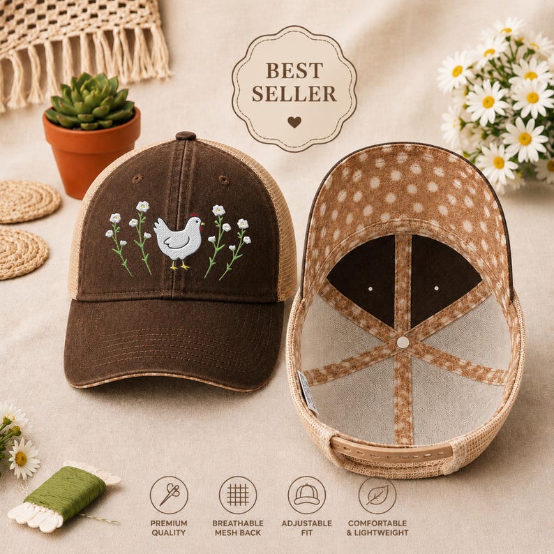 May include: A brown trucker hat with a white chicken and floral embroidery. The hat has a mesh back and an adjustable fit. The text "BEST SELLER" is above the hat.