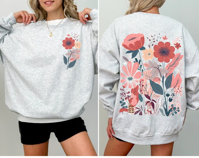 Boho Flower Sweatshirt Wildflower Sweater Women Floral Minimalist Sweater Flower Print Sweatshirt Woman Gift Flower Shirt with Sleeve Print