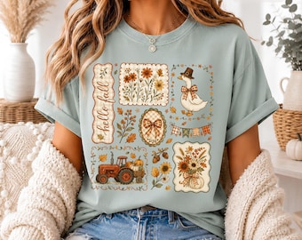 Hello Fall Goose Shirt, Cottagecore Fall Tee, Vintage Farmhouse Shirt, Cute Autumn Graphic Tee, Boutique Comfort Colors Shirt Thanksgiving