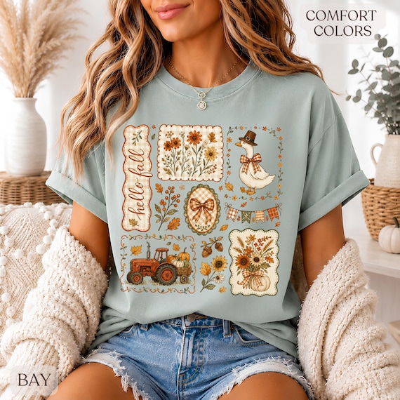 Hello Fall Goose Shirt, Cottagecore Fall Tee, Vintage Farmhouse Shirt, Cute Autumn Graphic Tee, Boutique Comfort Colors Shirt Thanksgiving