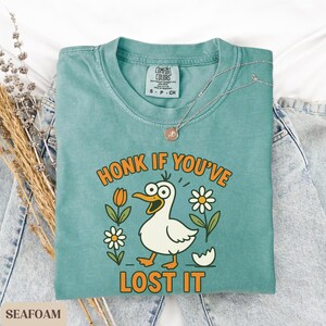 May include: Seafoam green t-shirt with the phrase "HONK IF YOU'VE LOST IT" and a cartoon duck illustration. The shirt is folded on top of a pair of blue jeans. A silver necklace with a pendant is on the shirt.