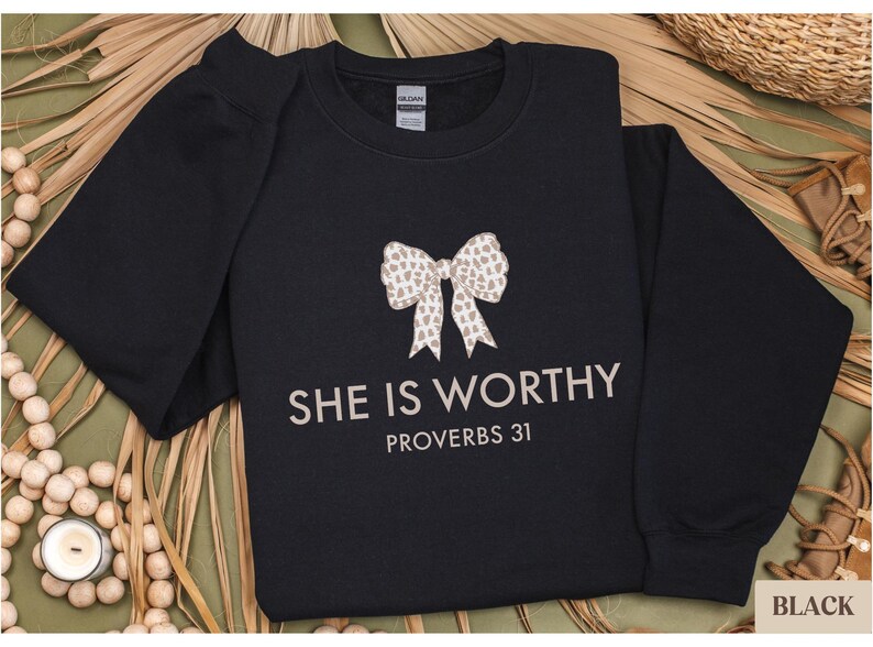 Christian Shirt for Women, She Is Worthy Shirt, Cute Faith Shirt, Girly Christian Shirt, Coquette Style, Trendy Christian Sweater Gift image 9