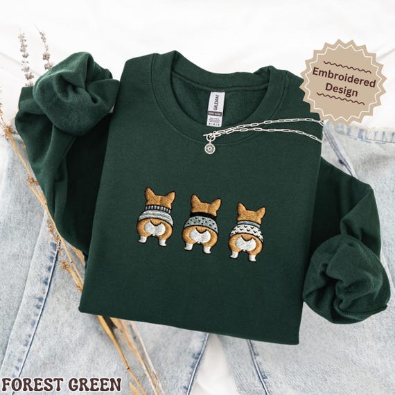 Corgi ニットポロシャツ グリーン サイズ38 Funny Corgi Butt Sweatshirt, Embroidered Dog Lover Crewneck, Cute