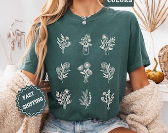 Comfort Colors Botanical Shirt, Floral Line Art Tee, Garden Lover Gift, Nature Aesthetic Shirt, Minimalist Plant Shirt Gift for Her Birthday