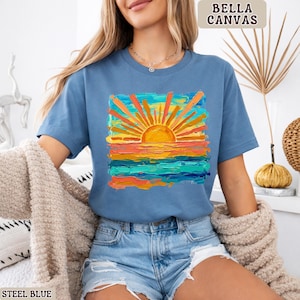Bella Canvas Cute Summer Sunset Shirt, Retro Beach Graphic Tee, Trendy Vacation Outfit Top, Aesthetic Coastal Tee, Bella Canvas Shirt Women Steel Blue