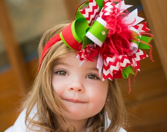 Christmas Red and Green Chevron Over the Top Hair Bow,  6 inch Christmas Bow-Over the Top Headband