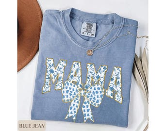 Comfort Colors® Mama Shirt, Blue Ribbon Shirt, Mothers Day Gift, Girly Aesthetic Gift For Mom, Cute Mom Shirt, Bow Shirt, Chinoiserie Shirt
