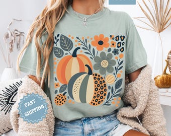 Camisa de otoño moderna para mujer, camiseta de calabaza con colores cómodos, camiseta retro de Acción de Gracias, camiseta con estampado bohemio de otoño, camiseta acogedora con parche de calabaza otoñal