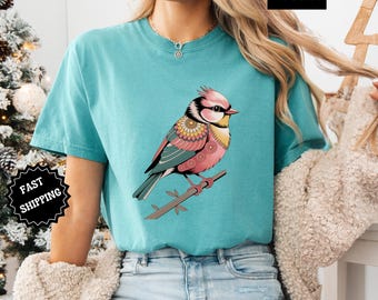 Floral Bird Shirt, Comfort Colors Nature Tee, Whimsical Bird T-Shirt for Women, Garden Lover Gift, Colorful Boho Spring Shirt, Bird Art Tee