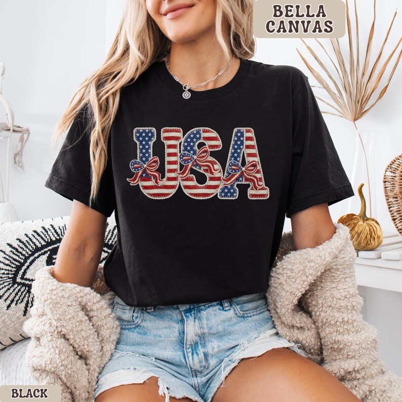 USA Bella Canvas Shirt for Women, Patriotic 4th of July America Graphic Tee, Red White Blue Boutique Independence Day Summer Top Plus Sizes Black