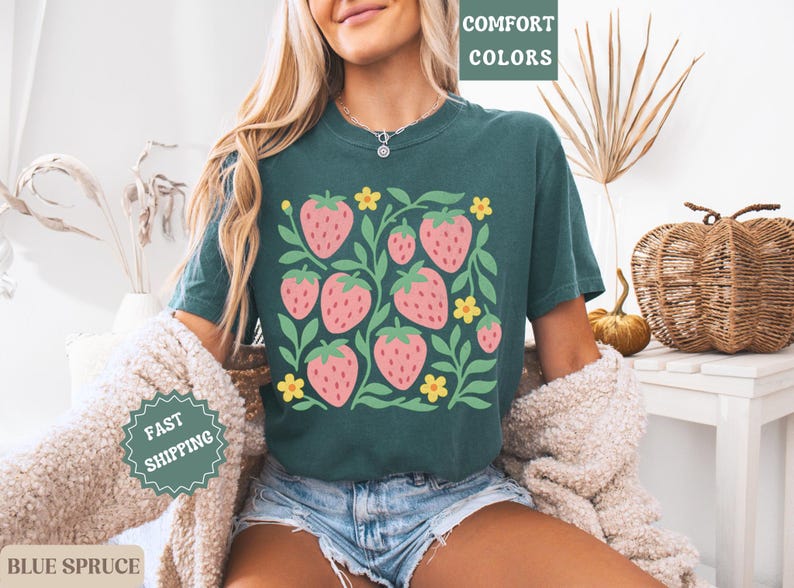 Strawberry Comfort Colors Shirt Fruit Graphic Tee Cottagecore T-Shirt Farmers Market Top Garden Girl Tee Strawberry Festival Shirt Gift Blue Spruce