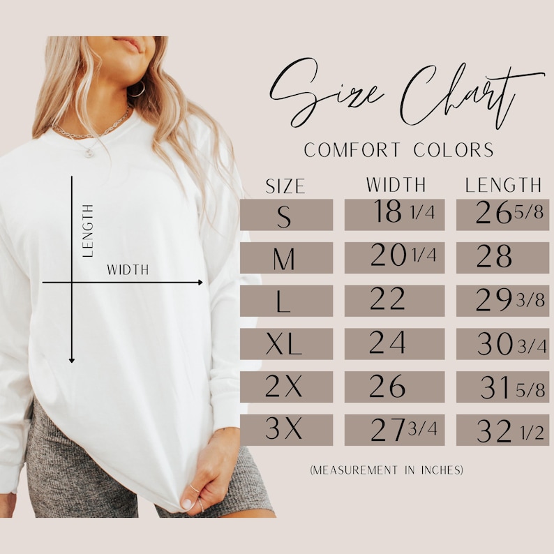 Puede incluir: Camiseta blanca de manga larga con una tabla de tallas. La tabla muestra medidas en pulgadas para el ancho y el largo, desde la talla S hasta la 3X. Tambi&eacute;n se ve el texto "Size Chart" y "Comfort Colors".