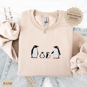 Embroidered Penguin Sweatshirt, Minimalist Embroidery Crewneck, Cozycore Winter Sweater, Cute Animal Sweatshirt Pullover Cottagecore Outfit