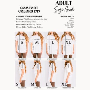 May include: White t-shirts in sizes S, M, L, and XL are displayed on models, with measurements in inches. The image includes a size guide with model stats and fit recommendations for relaxed, loose, oversized, and dress shirt styles.