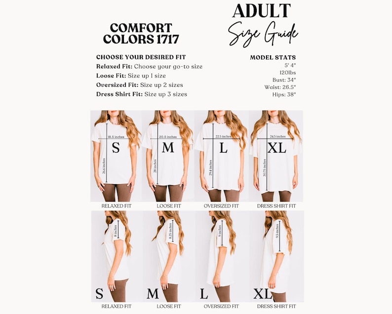 May include: White t-shirts in sizes S, M, L, and XL are displayed on models, with measurements in inches. The image includes a size guide with model stats and fit recommendations for relaxed, loose, oversized, and dress shirt styles.