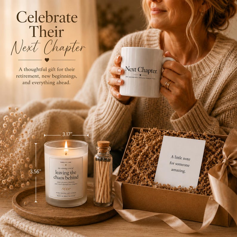 May include: A gift set featuring a white ceramic mug with the text Next Chapter, a scented candle in a glass jar measuring 3.17 inches wide by 3.56 inches high with the label leaving the chaos behind, a glass vial of matches, and a note card.