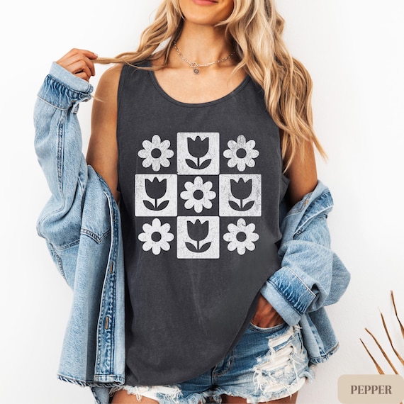 Minimalist Floral Tank Top, Retro Flower Shirt, Tulip Daisy Block