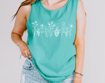 Wildflower tank top for women, minimalist floral shirt, Comfort Colors tank, boho summer top, simple flower tee gift for her line art design