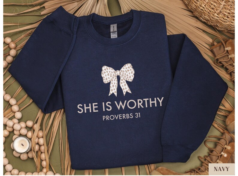 Christian Shirt for Women, She Is Worthy Shirt, Cute Faith Shirt, Girly Christian Shirt, Coquette Style, Trendy Christian Sweater Gift image 10