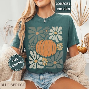 Pumpkin Floral Shirt Comfort Colors Fall Shirt Fall Womenswear Oversized Crewneck Women&#39;s Fall Pumpkin Shirt Trendy Fall Tee Thanksgiving