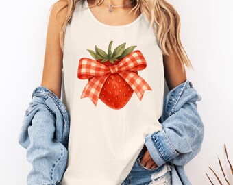 Gingham Strawberry Tank Top, Retro Fruit Graphic Shirt