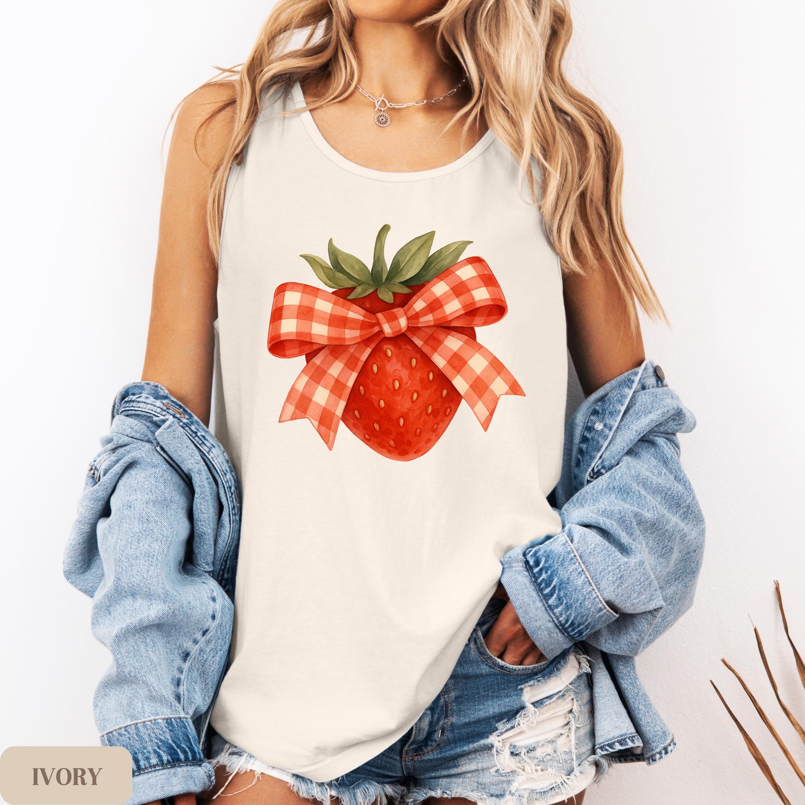 Gingham Strawberry Tank Top, Retro Fruit Graphic Shirt