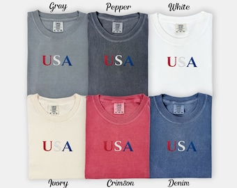 Embroidered USA Comfort Colors T-Shirt Embroidered USA Flag Shirt United States of America Shirt  4th of July T-Shirt US Flag Shirt Gift