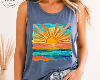 Colorful Sunset Comfort Colors Tank Top, Retro Beach Sunset Shirt, Summer Vacation Tank, Coastal Graphic Tee, Ocean Lover Gift, Summer Top