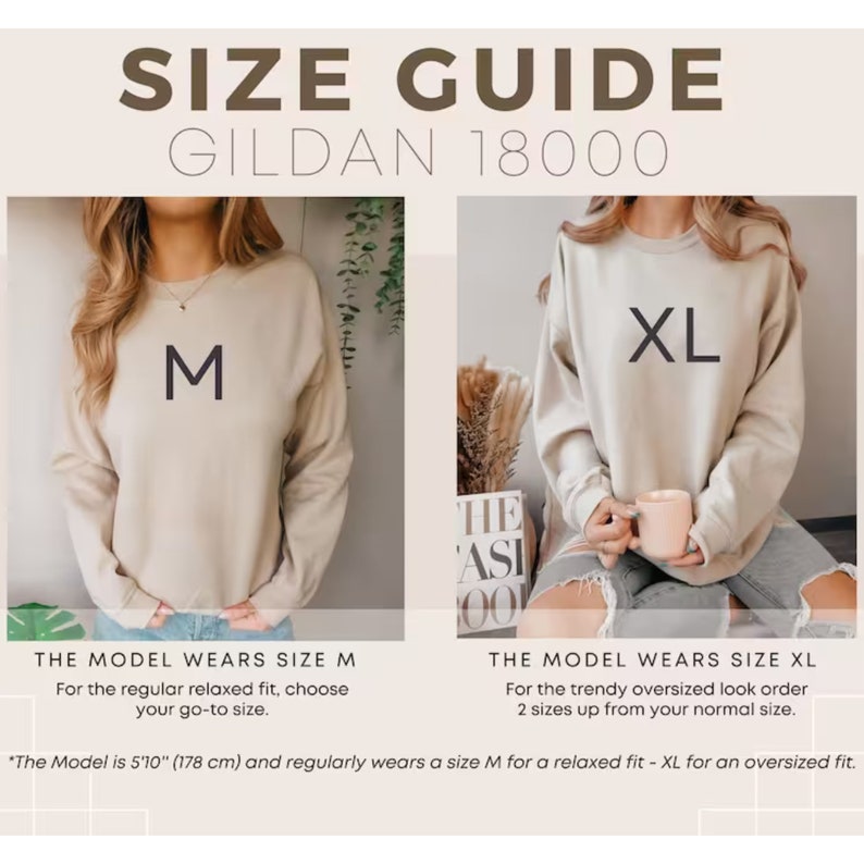 Pode incluir: Guia de tamanhos para sweatshirts Gildan 18000. Uma modelo usa uma sweatshirt tamanho M para um ajuste relaxado e uma sweatshirt tamanho XL para um ajuste oversized. A modelo tem 1,78 m de altura.