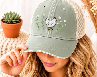 Chicken Mom Hat for Women, Floral Hen Embroidered Trucker Cap, Backyard Chicken Lover Gift, Country Farm Life Homestead Gift, Trucker Hat