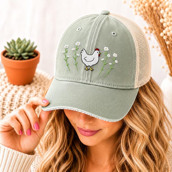 Chicken Mom Hat for Women, Floral Hen Embroidered Trucker Cap, Backyard Chicken Lover Gift, Country Farm Life Homestead Gift, Trucker Hat