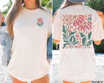 Boho Floral Back Print Shirt, Wildflower Graphic Tee, Comfort Colors® Vintage Wash T-Shirt, Cottagecore Floral Shirt with Back Design