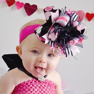 Girls Hot Pink and Black Over the Top Hair Bow,Over the Top Bows,OTT Hairbows,Valentines Baby Headband,Big Bows,Big Pink and Black Hair Bows