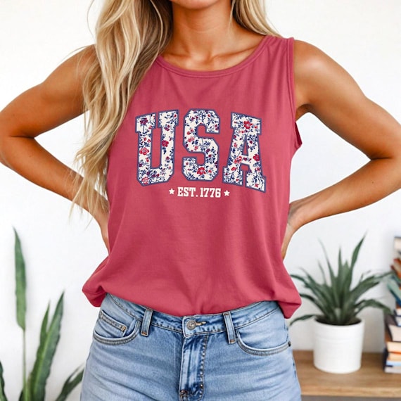Floral USA Comfort Colors Tank, 4th of July Shirt for Women, America Est 1776 Tee, Patriotic Outfit, Summer BBQ Shirt USA Red White Blue Tee