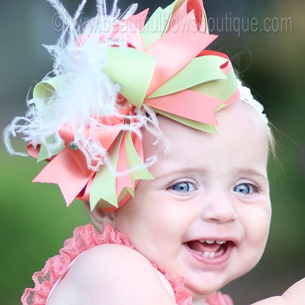 Coral and Sage Mint Green Over the Top Hair Bow,Coral Baby Headband,Baby Headbands,Big Bow Headband,Big Hairbows,Feather Headband,Spring Bow