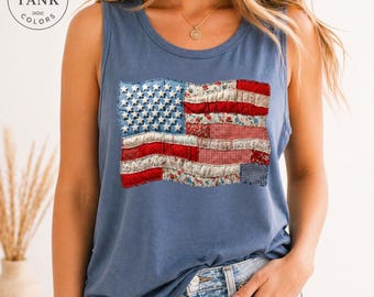 Vintage American Flag Tank Top, Patchwork USA Flag Shirt, Patriotic Comfort Colors Tank, 4th Of July Shirt Women, USA Outfit Red White Blue