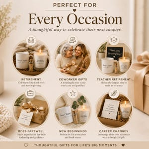 May include: A gift set collection featuring white mugs with Next Chapter text, scented candles, and gift boxes. The graphic includes text: PERFECT FOR Every Occasion, RETIREMENT, COWORKER GIFTS, TEACHER RETIREMENT, BOSS FAREWELL, NEW BEGINNINGS, and CAREER CHANGES.