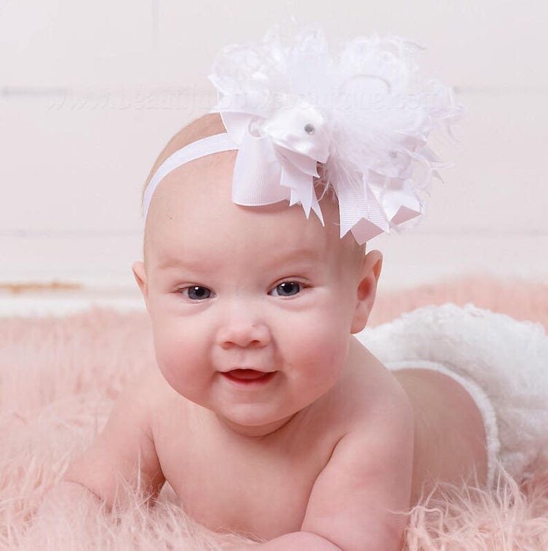 Newborn Over the Top Bow Headband and Diaper Cover,White Headband,Baby Headband,Baptism Christening Headband Bow,White Headband and Bloomers