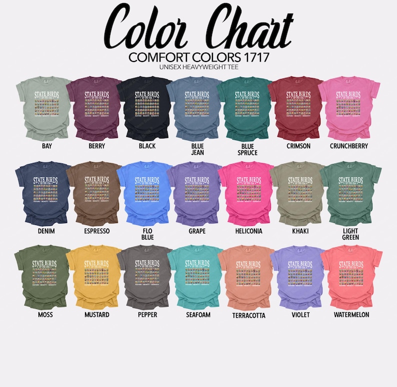 May include: Color chart showing 18 different colors of unisex heavyweight t-shirts. The chart shows the color names for each shirt, such as Bay, Berry, Black, Blue Jean, Blue Spruce, Crimson, Crunchberry, Denim, Espresso, Flo Blue, Grape, Heliconia, Khaki, Light Green, Moss, Mustard, Pepper, Seafoam, Terracotta, Violet, and Watermelon.