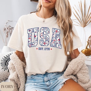 Comfort Colors USA Shirt, 4th of July shirt, floral USA tee, summer patriotic shirt for women, America est 1776 shirt, red white blue shirt