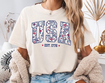 Comfort Colors USA Shirt, 4th of July shirt, floral USA tee, summer patriotic shirt for women, America est 1776 shirt, red white blue shirt