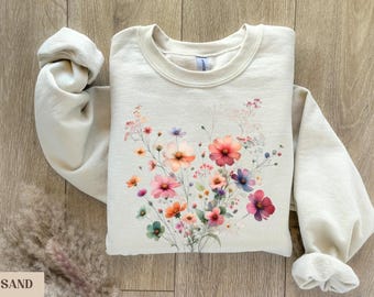 Wildflower Sweatshirt, Floral Crewneck, Boho Cottagecore Pullover, Pressed Flowers Sweater, Vintage Botanical, Fairycore Aesthetic Gift
