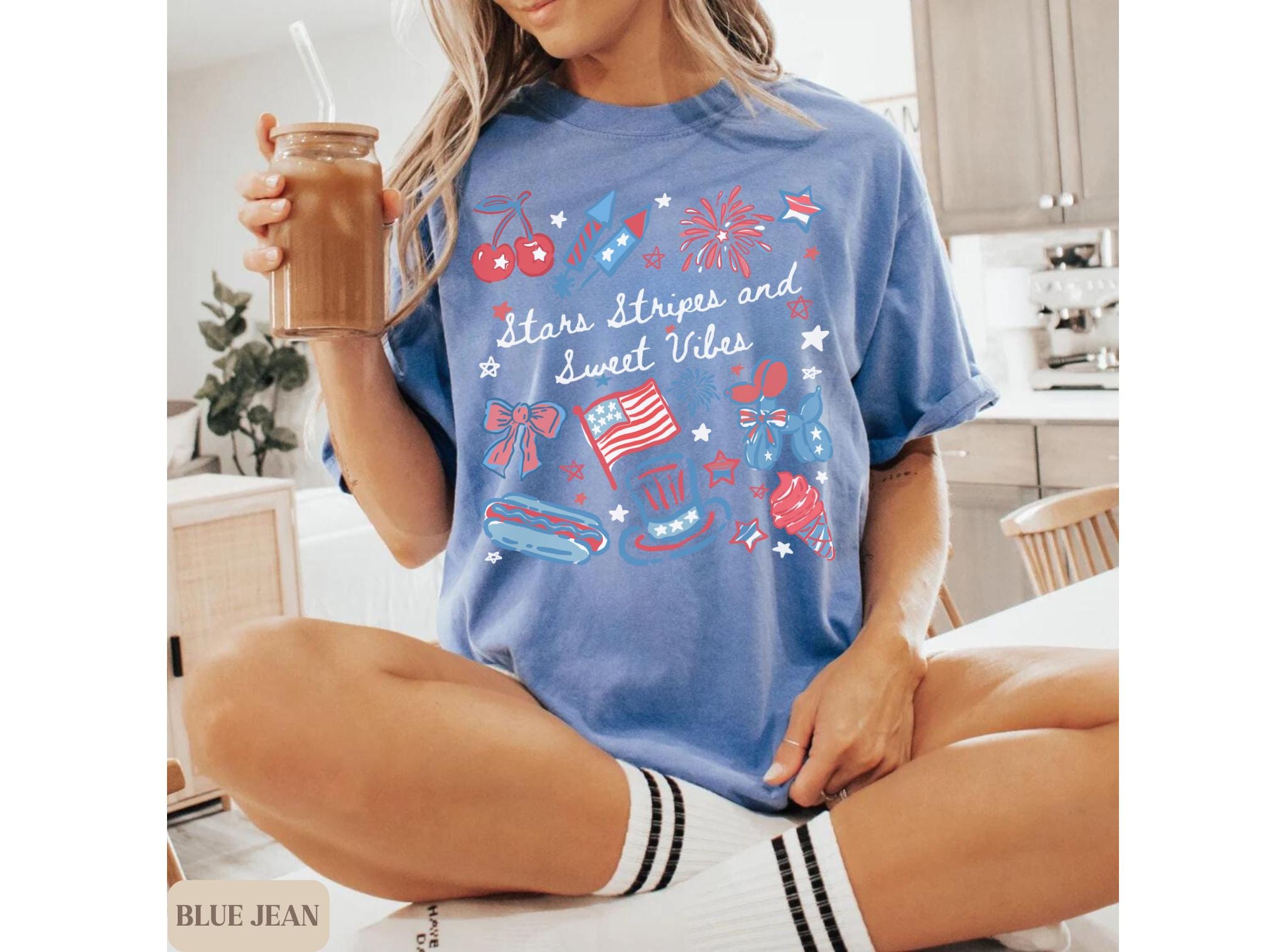Stars Stripes Sweet Vibes Shirt, Cute 4th of July Shirt for Women 