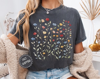 Floral Comfort Colors Shirt, Wildflower Graphic Tee, Boho Flower T Shirt for Women, Cottagecore Botanical Shirt, Soft Vintage Floral Tee